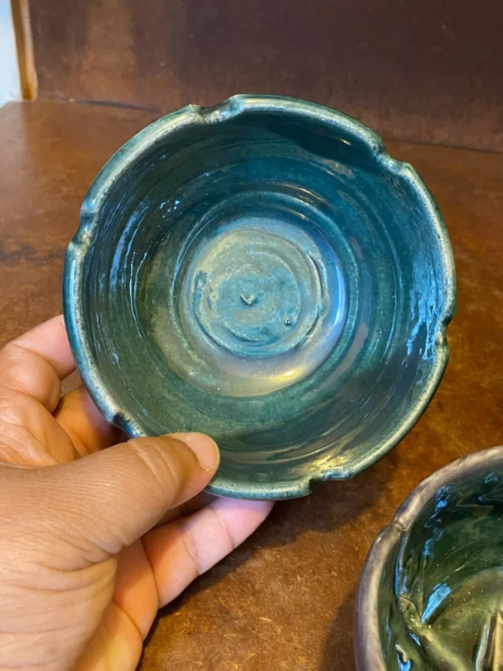 LOT (3) Three Pottery Bowls Fluted Petal Shaped Rim Blue Green Ceramic Vintage